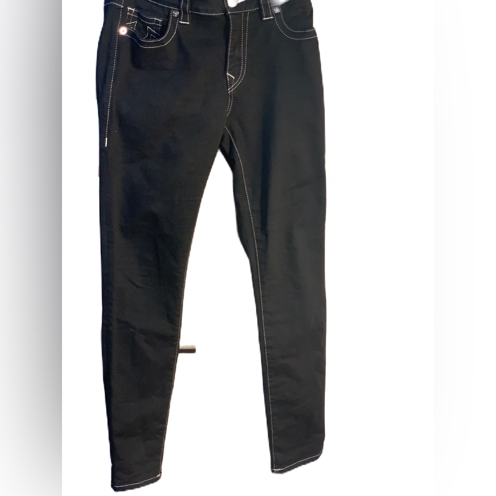 True Religion Black Jeans White Stitching. JENNIE CUBVY Mid Rise Super Skinny 29